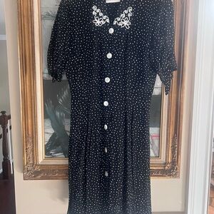 Black Polka Dot Dress with White Embroidery
